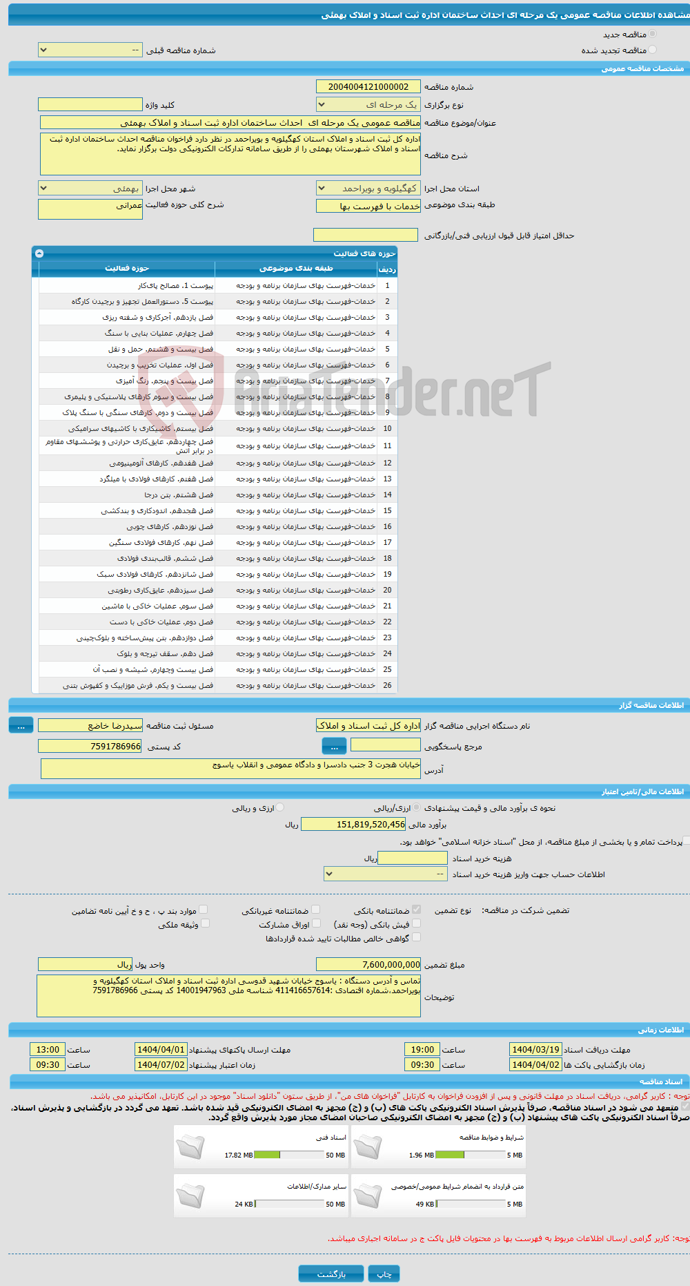 تصویر کوچک آگهی مناقصه عمومی یک مرحله ای احداث ساختمان اداره ثبت اسناد و املاک بهمئی 