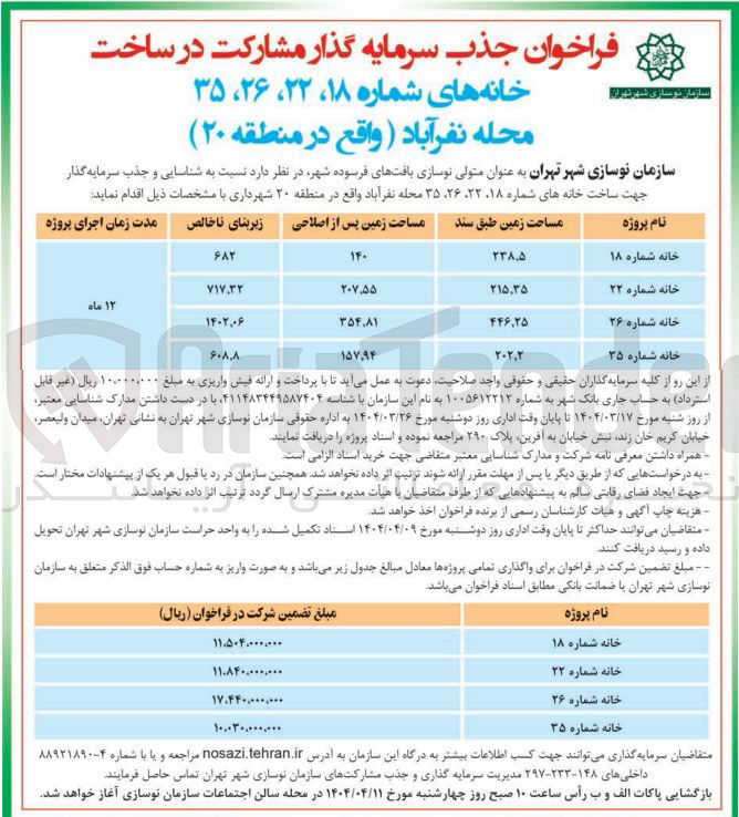 تصویر کوچک آگهی  جذب سرمایه گذار مشارکت در ساخت 
