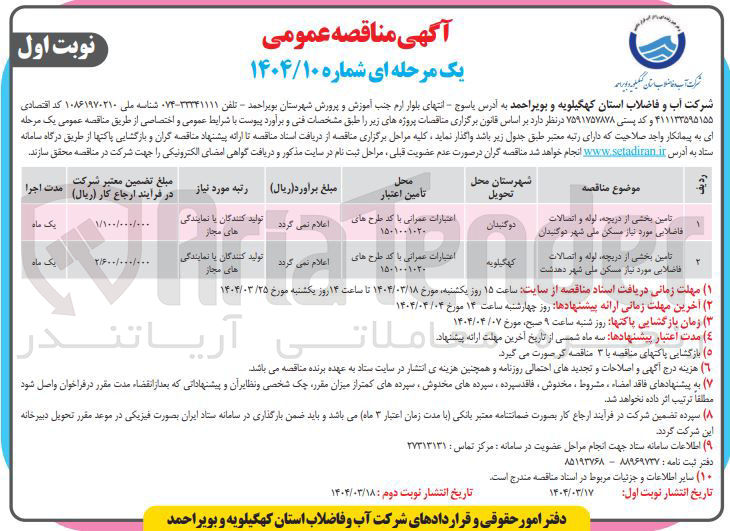 تصویر کوچک آگهی تامین بخشی از دریچه لوله و اتصالات فاضلابی 