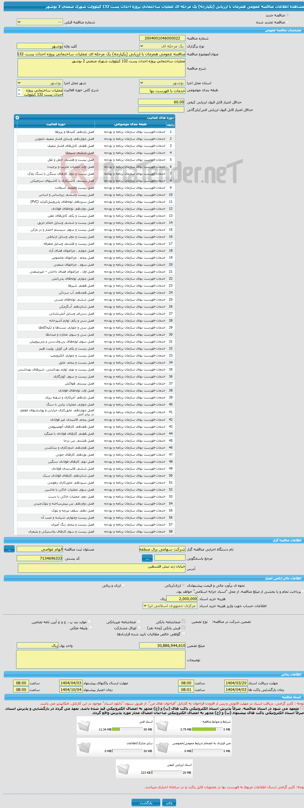 تصویر کوچک آگهی مناقصه عمومی همزمان با ارزیابی (یکپارچه) یک مرحله ای عملیات ساختمانی پروژه احداث پست 132 کیلوولت شهرک صنعتی 2 بوشهر