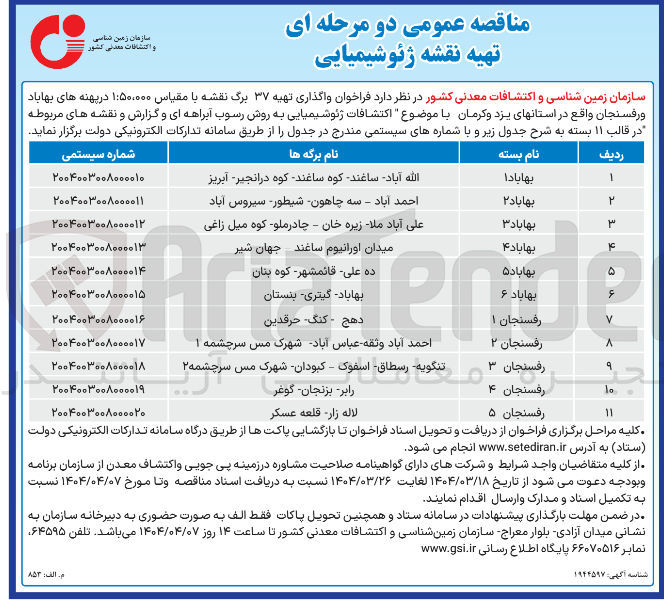 تصویر کوچک آگهی  تهیه ۳۷ برگ نقشه با مقیاس ۵۰۰۰۰۰ 
