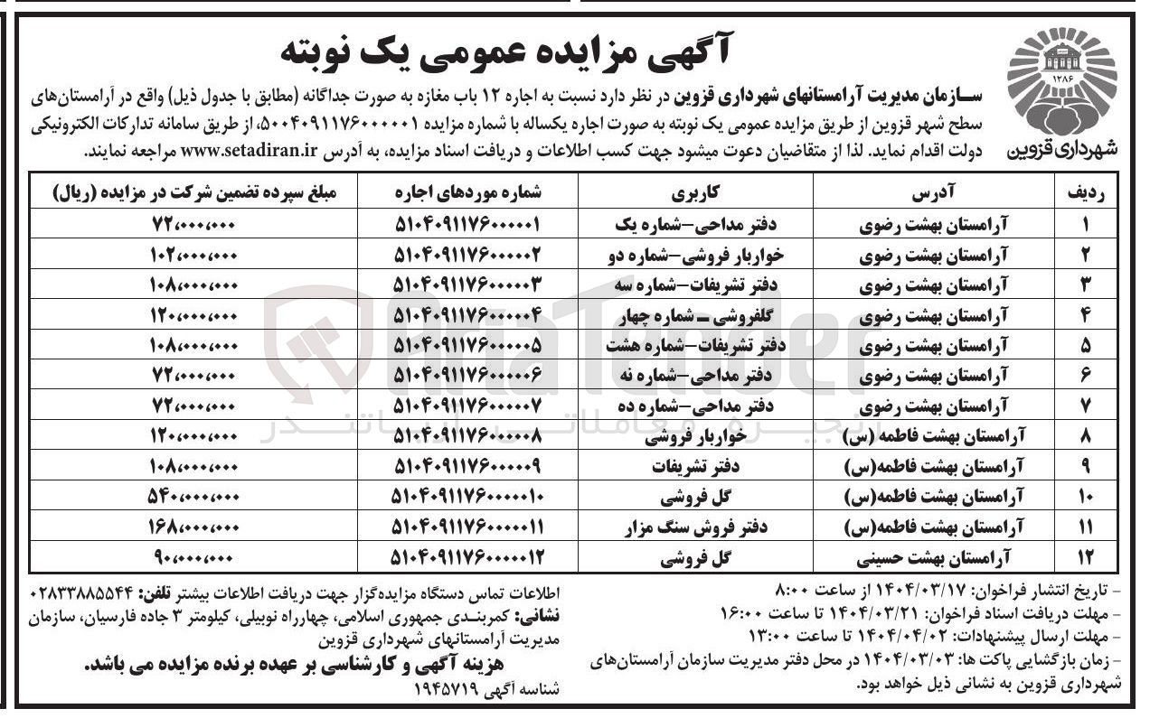 تصویر کوچک آگهی اجاره ۱۲ باب مغازه با کاربری (دفتر مداحی - خواربار فروشی - دفتر تشریفات - گلفروشی - گل فروشی و...)