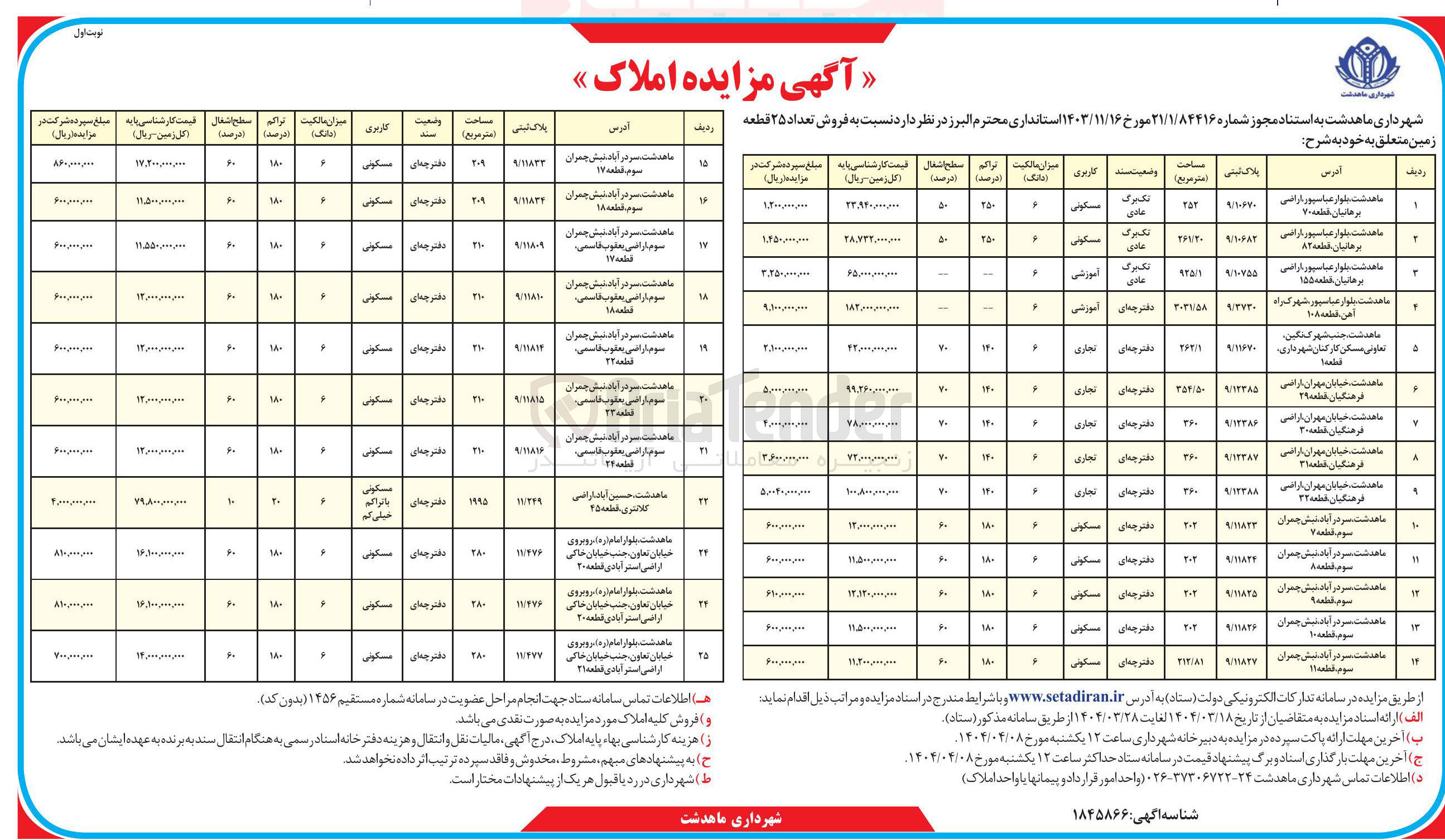 تصویر کوچک آگهی فروش تعداد ۲۵ قطعه زمین با کاربری مسکونی - آموزشی - تجاری 