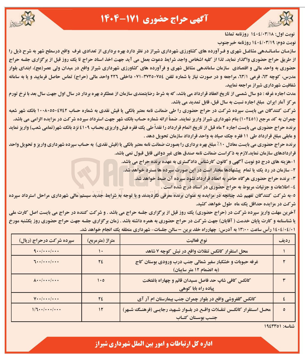 تصویر کوچک آگهی بهره برداری از تعدادی غرف در 5 ردیف : محل استقرار کانکس تنقلات - غرفه حبوبات و خشکبار ۱۲ متر سایبان - کانکس کافی شاپ  - کانکس گلفروشی - محل استقرار کانکس تنقلات