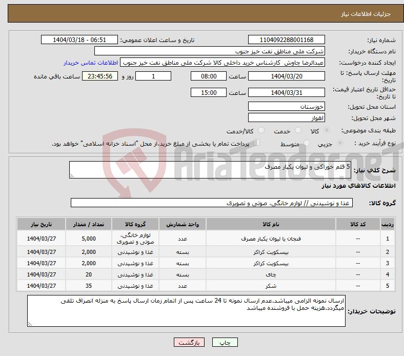 تصویر کوچک آگهی نیاز انتخاب تامین کننده-5 قلم خوراکی و لیوان یکبار مصرف