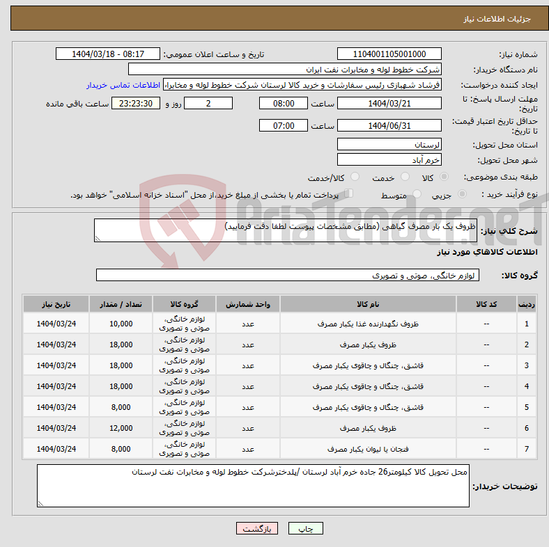 تصویر کوچک آگهی نیاز انتخاب تامین کننده-ظروف یک بار مصرف گیاهی (مطابق مشخصات پیوست لطفا دقت فرمایید)