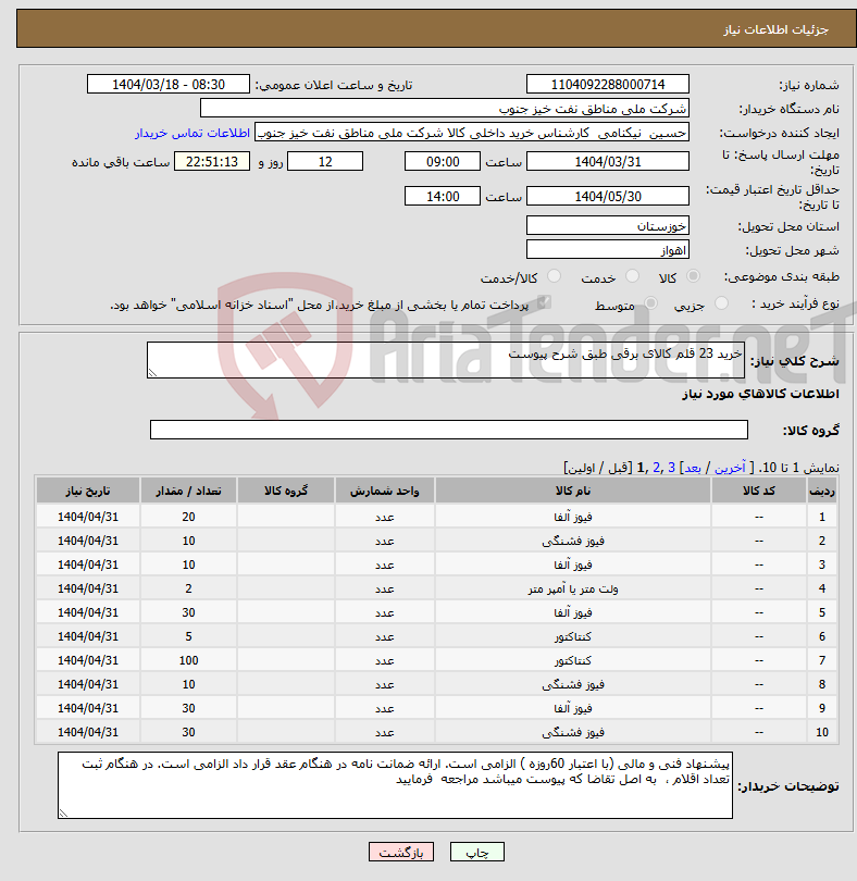 تصویر کوچک آگهی نیاز انتخاب تامین کننده-خرید 23 قلم کالای برقی طبق شرح پیوست