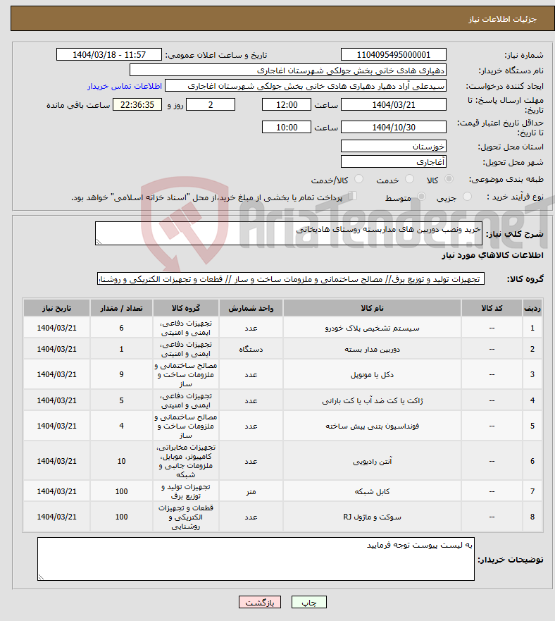 تصویر کوچک آگهی نیاز انتخاب تامین کننده-خرید ونصب دوربین های مداربسته روستای هادیخانی