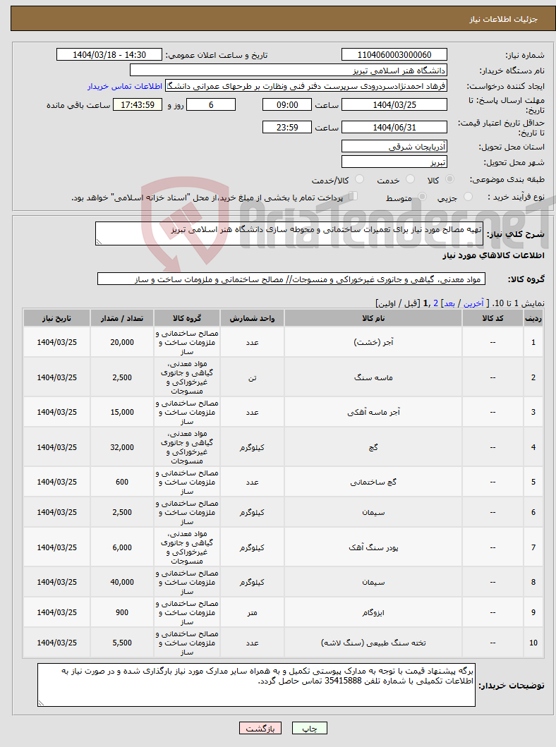 تصویر کوچک آگهی نیاز انتخاب تامین کننده-تهیه مصالح مورد نیاز برای تعمیرات ساختمانی و محوطه سازی دانشگاه هنر اسلامی تبریز 