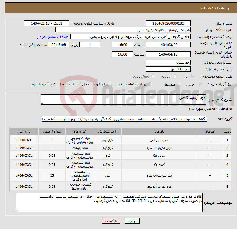 تصویر کوچک آگهی نیاز انتخاب تامین کننده-مواد آزمایشگاهی