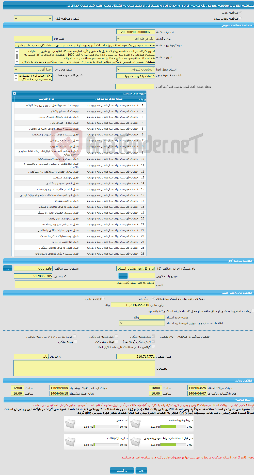 تصویر کوچک آگهی مناقصه عمومی یک مرحله ای پروژه احداث آبرو و بهسازی راه دسترسی به قشلاق محب علیلو شهرستان خداآفرین