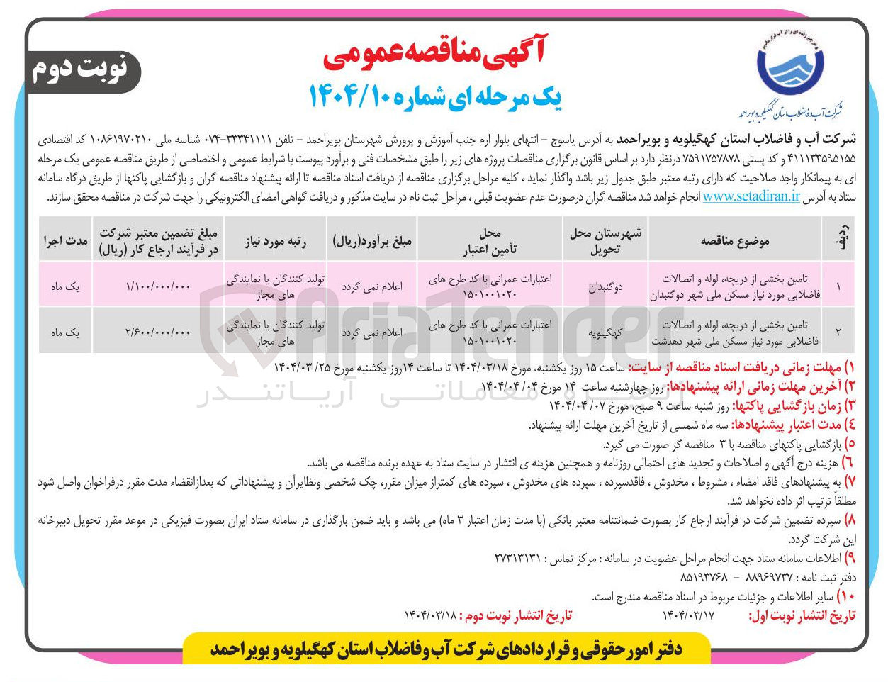 تصویر کوچک آگهی تامین بخشی از دریچه لوله و اتصالات فاضلابی 