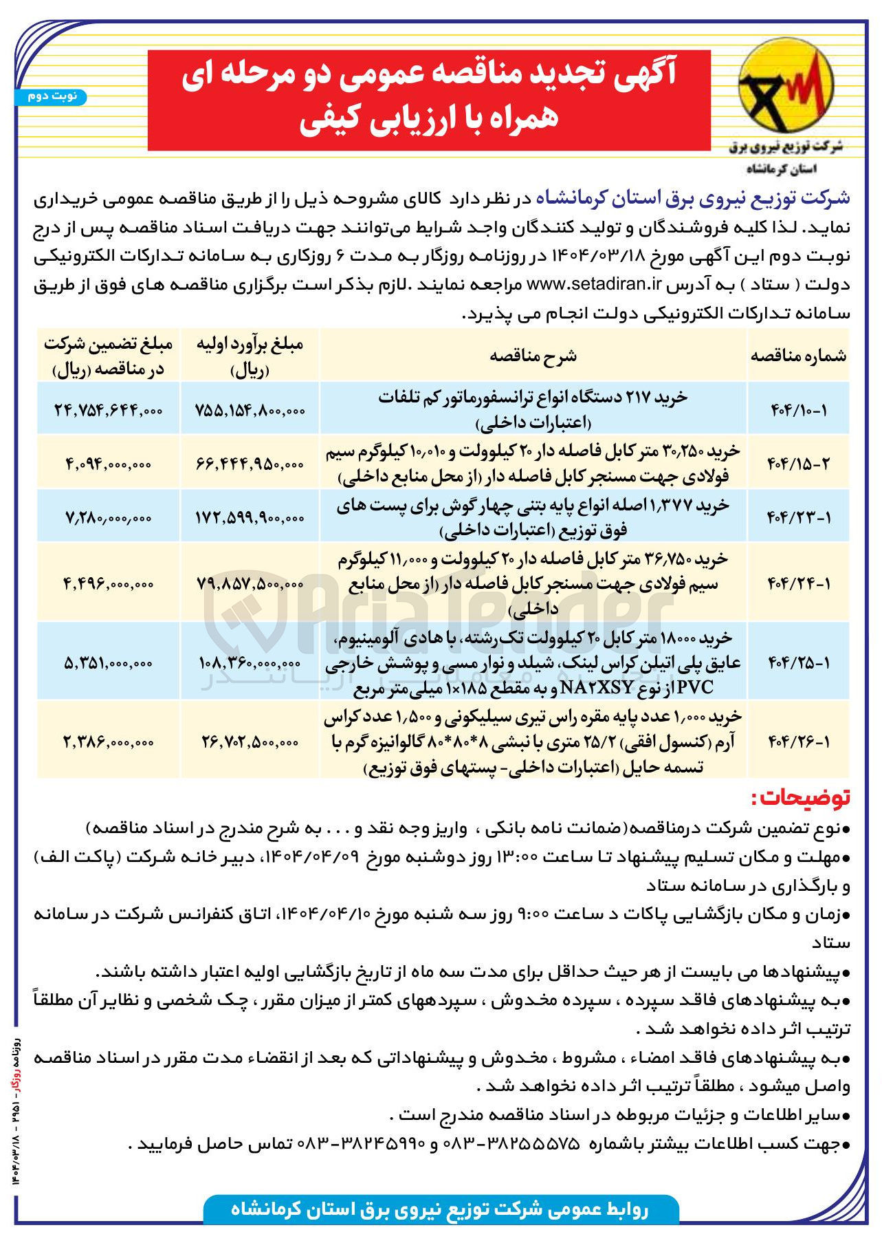 تصویر کوچک آگهی خرید ۱۸۰۰۰ متر کابل ۲۰ کیلوولت تک رشته با هادی آلومینیوم عایق پلی اتیلن کراس لینک شیلد و نوار مسی و پوشش خارجی PVC از نوع NAXSY و به مقطع ۱۸۵ × ۱ میلی متر مربع