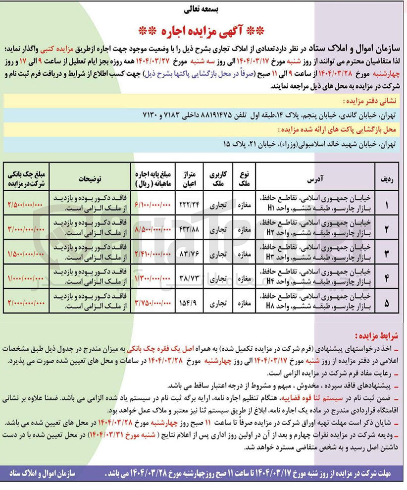 تصویر کوچک آگهی اجاره املاک تجاری در 5 ردیف