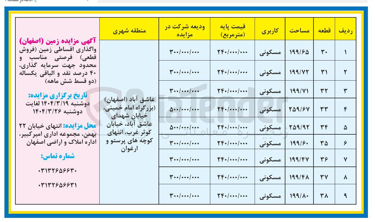 تصویر کوچک آگهی واگذاری اقساطی زمین د 9 ردیف با کاربری مسکونی