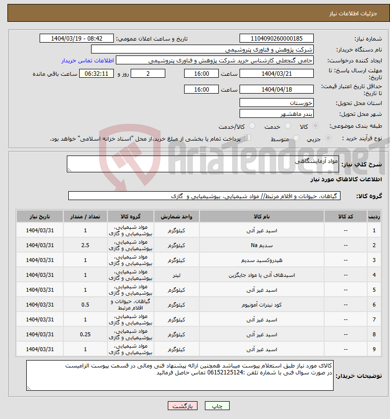 تصویر کوچک آگهی نیاز انتخاب تامین کننده-مواد آزمایشگاهی