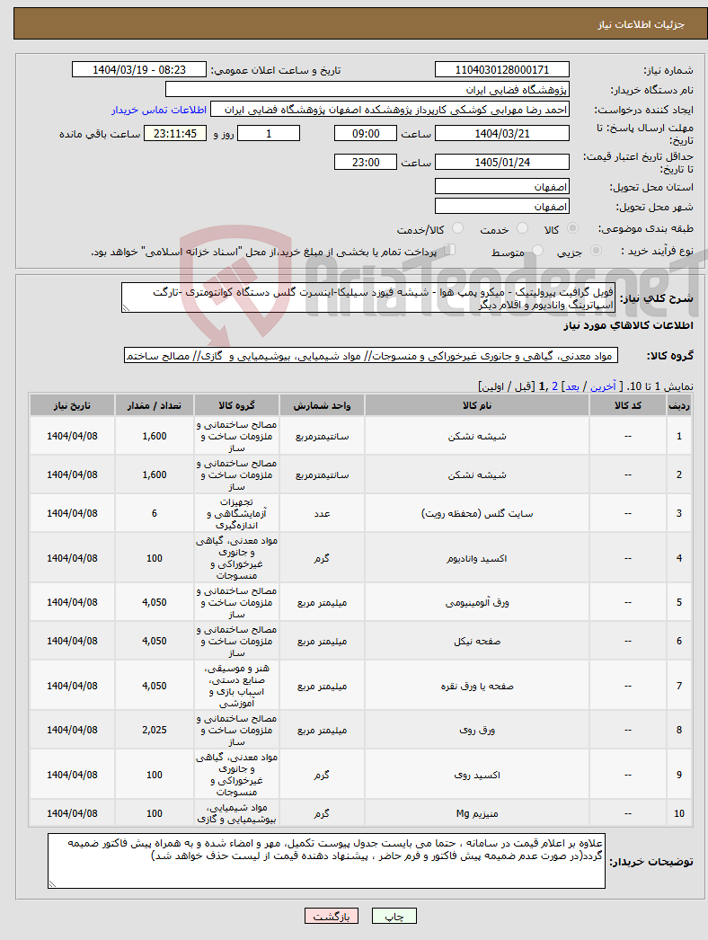 تصویر کوچک آگهی نیاز انتخاب تامین کننده-فویل گرافیت پیرولیتیک - میکرو پمپ هوا - شیشه فیوزد سیلیکا-اینسرت گلس دستگاه کوانتومتری -تارگت اسپاترینگ وانادیوم و اقلام دیگر