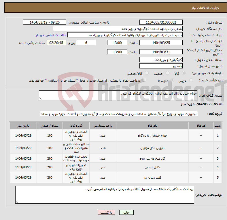 تصویر کوچک آگهی نیاز انتخاب تامین کننده-چراغ خیابانی ال ای دی ایرانی 100وات 18ماه گارانتی