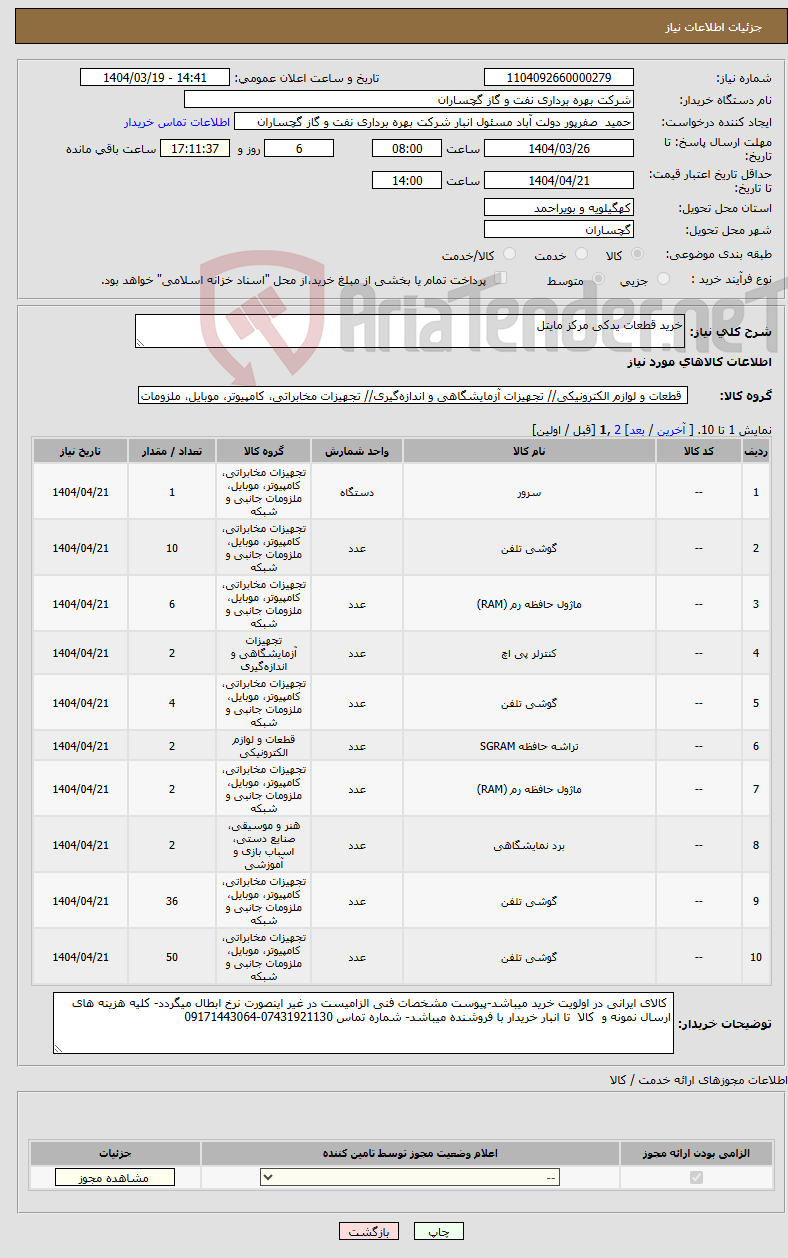 تصویر کوچک آگهی نیاز انتخاب تامین کننده-خرید قطعات یدکی مرکز مایتل