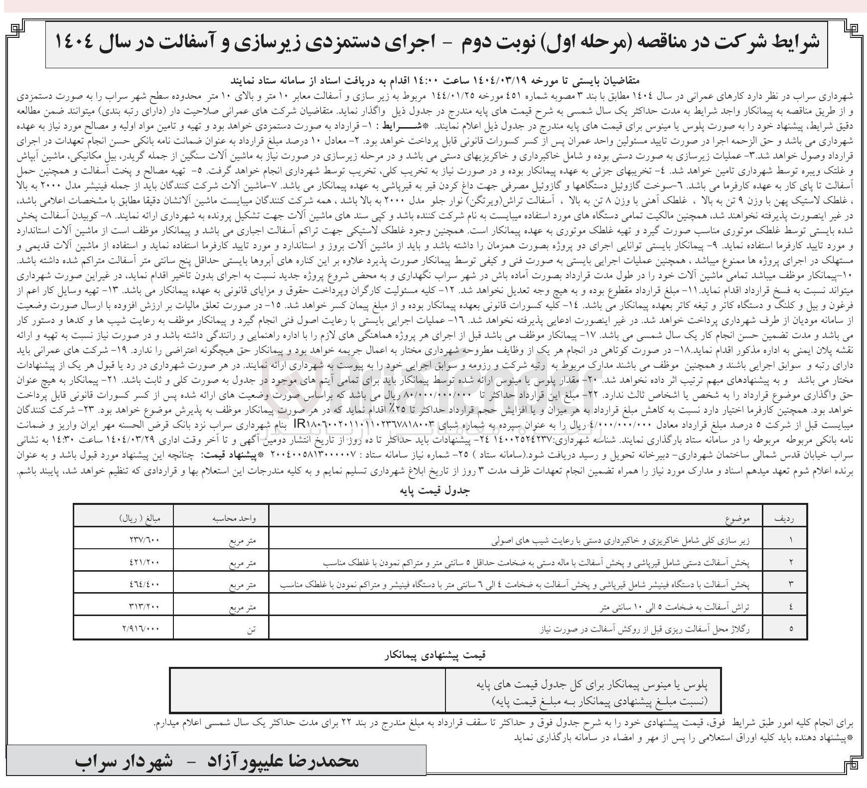 تصویر کوچک آگهی بخش آسفالت دستی شامل قیرپاشی و پخش آسفالت با ماله دستی به ضخامت حداقل ۵ سانتی متر و متراکم نمودن با غلطک مناسب