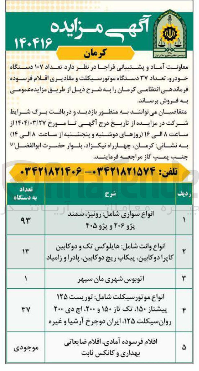 تصویر کوچک آگهی فروش تعداد ۱۰۷ دستگاه خودرو تعداد ۳۷ دستگاه موتورسیکلت و مقادیری اقلام فرسوده 