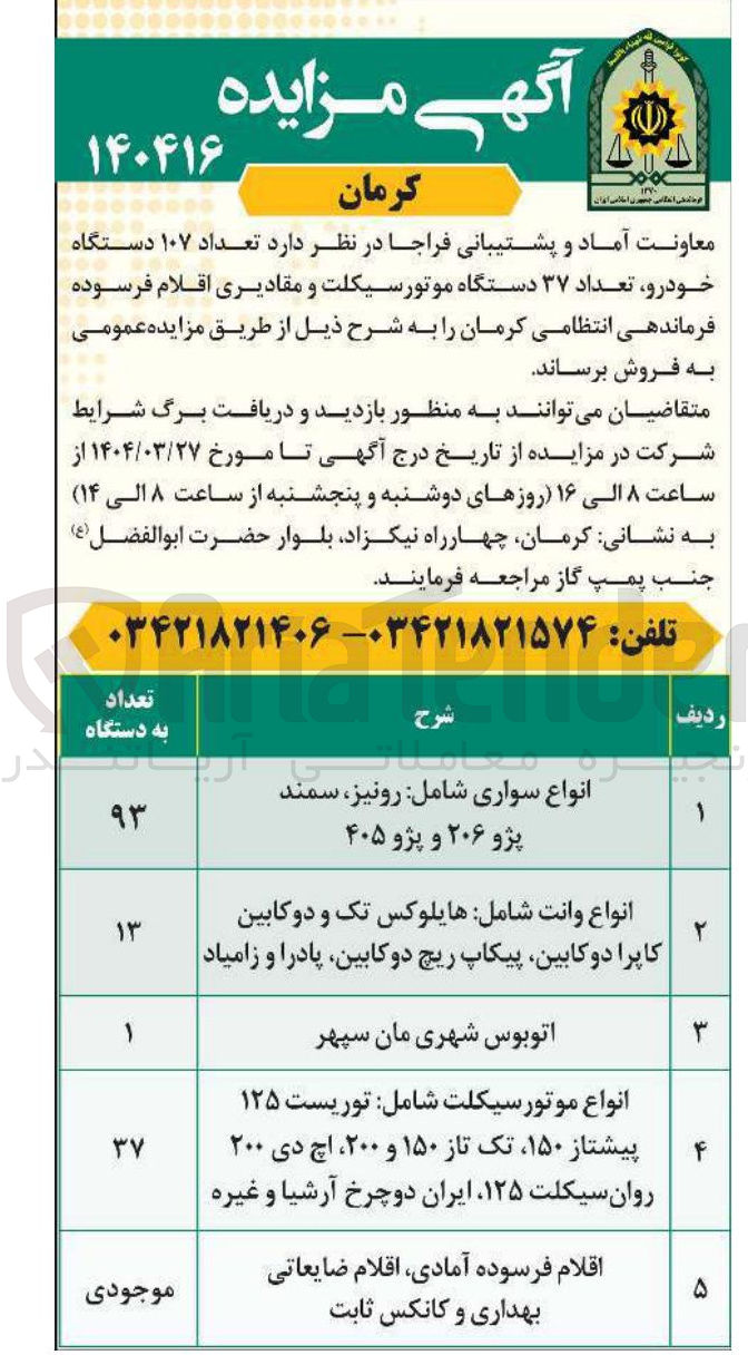 تصویر کوچک آگهی فروش تعداد ۱۰۷ دستگاه خودرو تعداد ۳۷ دستگاه موتورسیکلت و مقادیری اقلام فرسوده 