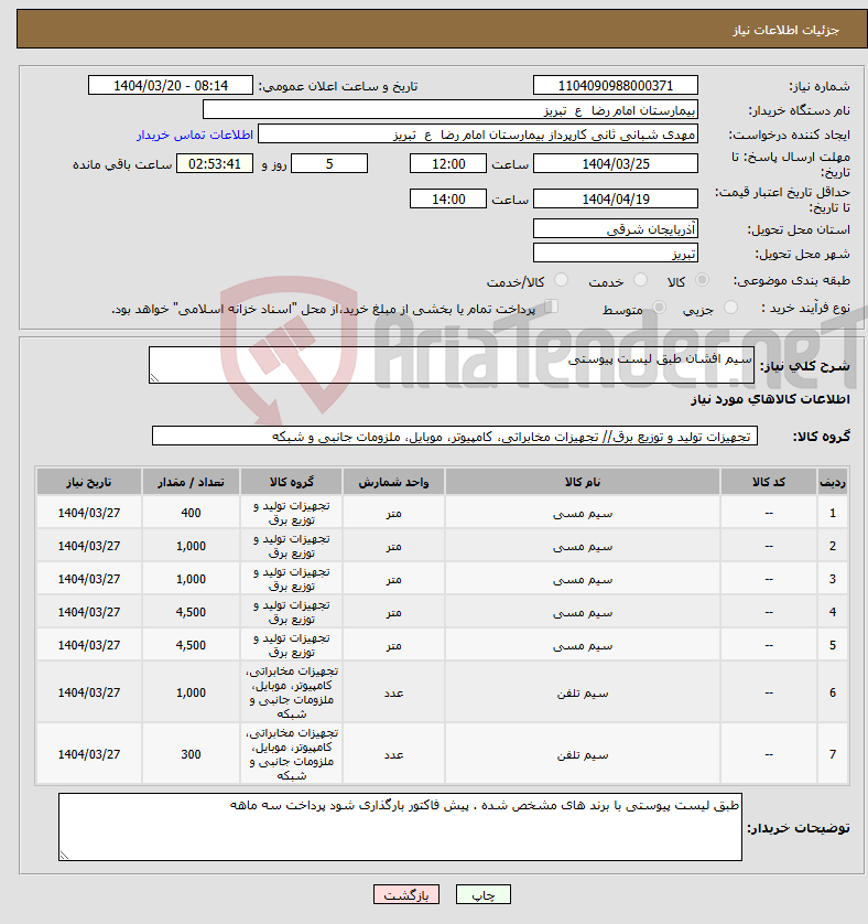 تصویر کوچک آگهی نیاز انتخاب تامین کننده-سیم افشان طبق لیست پیوستی 