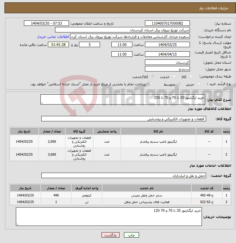 تصویر کوچک آگهی نیاز انتخاب تامین کننده-خرید ایگنایتور 35 تا 70 و 70 تا 250