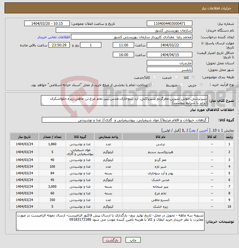 تصویر کوچک آگهی نیاز انتخاب تامین کننده-سیرترشی،جوش شیرین،مغزگردو،شیرپاکتی، آرد سوخاری،عدس،پنیر،تخم مرغ،تن ماهی،زیره،حلواشکری (برابر با شرایط پیوست)