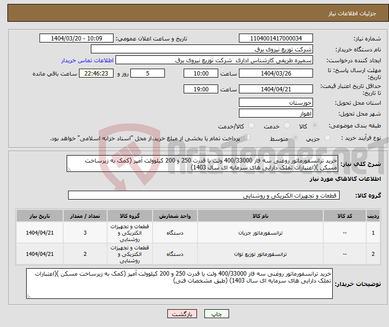 تصویر کوچک آگهی نیاز انتخاب تامین کننده-خرید ترانسفورماتور روغنی سه فاز 400/33000 ولت با قدرت 250 و 200 کیلوولت آمپر (کمک به زیرساخت مسکن )(اعتبارات تملک دارایی های سرمایه ای سال 1403) 