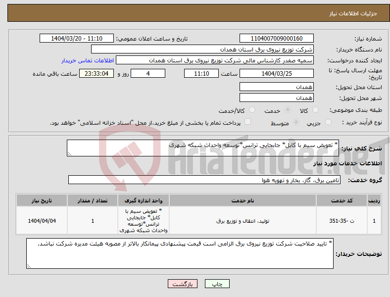 تصویر کوچک آگهی نیاز انتخاب تامین کننده-* تعویض سیم با کابل* جابجایی ترانس*توسعه واحداث شبکه شهری