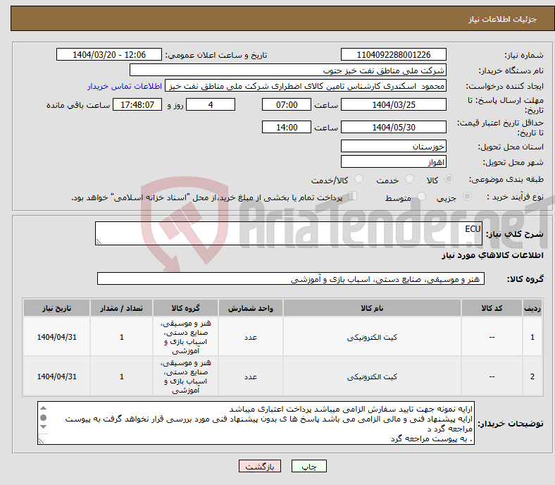 تصویر کوچک آگهی نیاز انتخاب تامین کننده-ECU