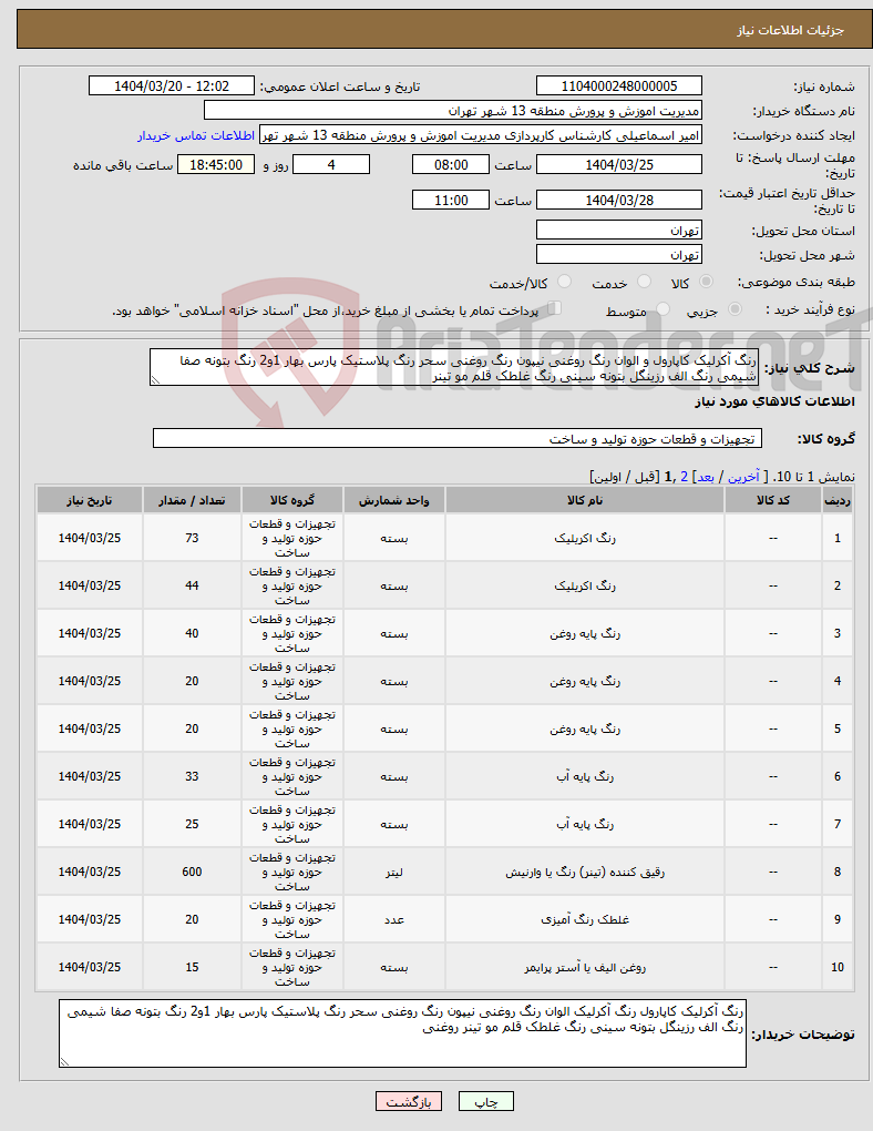 تصویر کوچک آگهی نیاز انتخاب تامین کننده-رنگ آکرلیک کاپارول و الوان رنگ روغنی نیپون رنگ روغنی سحر رنگ پلاستیک پارس بهار 1و2 رنگ بتونه صفا شیمی رنگ الف رزینگل بتونه سینی رنگ غلطک قلم مو تینر 