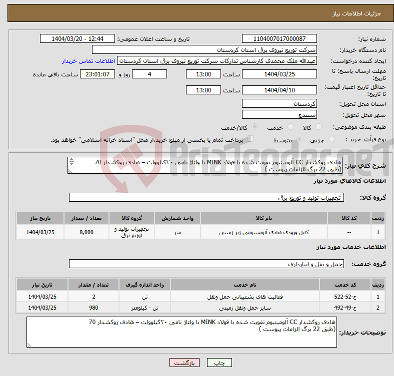 تصویر کوچک آگهی نیاز انتخاب تامین کننده-هادی روکشدار CC آلومینیوم تقویت شده با فولاد MINK با ولتاژ نامی ۲۰کیلوولت – هادی روکشدار 70 (طبق 22 برگ الزامات پیوست ) 