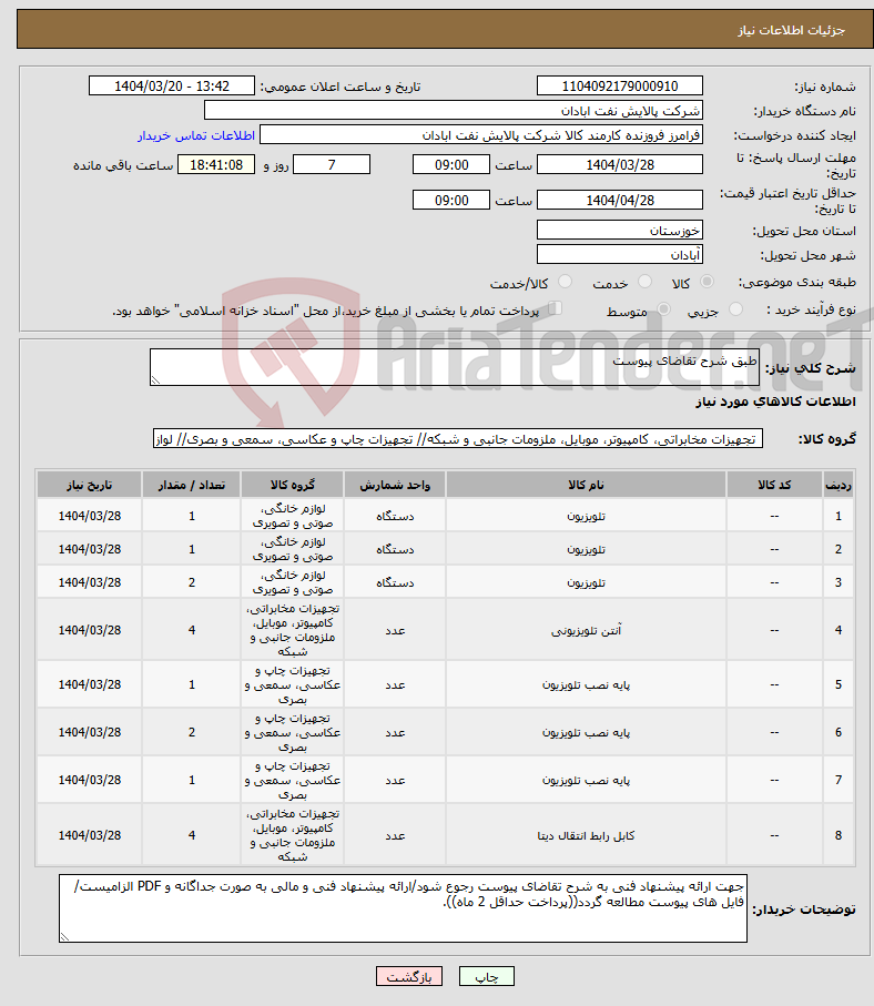 تصویر کوچک آگهی نیاز انتخاب تامین کننده-طبق شرح تقاضای پیوست