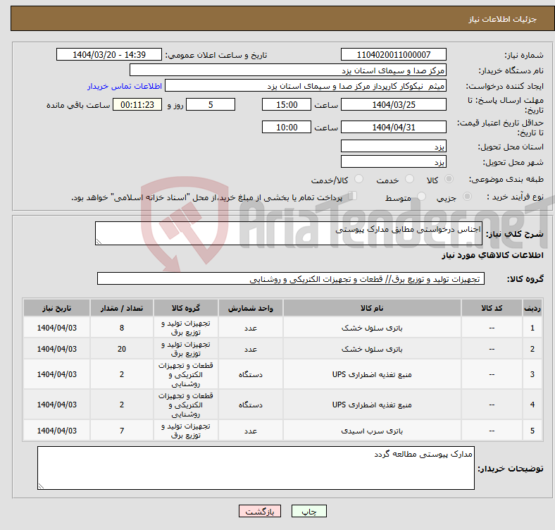 تصویر کوچک آگهی نیاز انتخاب تامین کننده-اجناس درخواستی مطابق مدارک پیوستی 