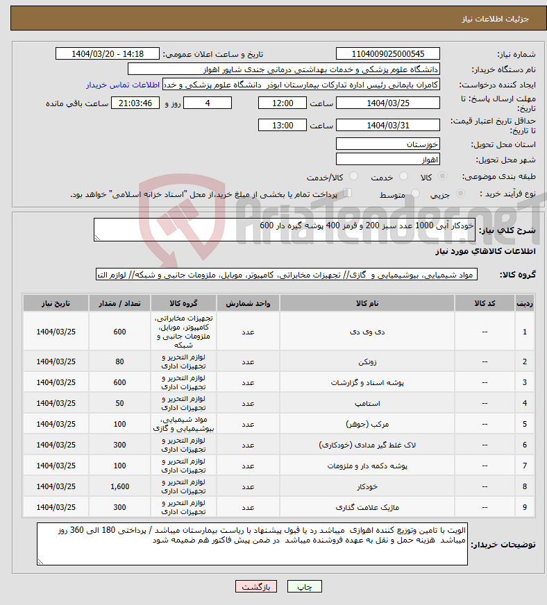 تصویر کوچک آگهی نیاز انتخاب تامین کننده-خودکار آبی 1000 عدد سبز 200 و قرمز 400 پوشه گیره دار 600
