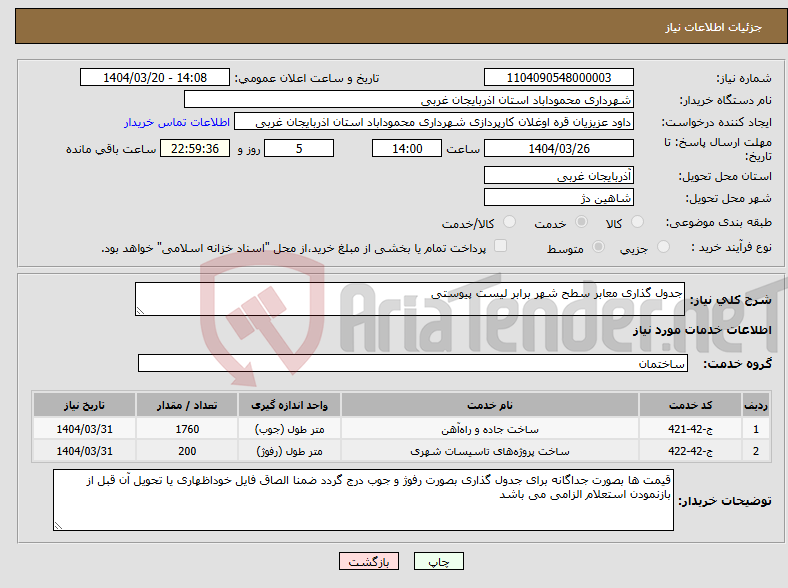 تصویر کوچک آگهی نیاز انتخاب تامین کننده-جدول گذاری معابر سطح شهر برابر لیست پیوستی