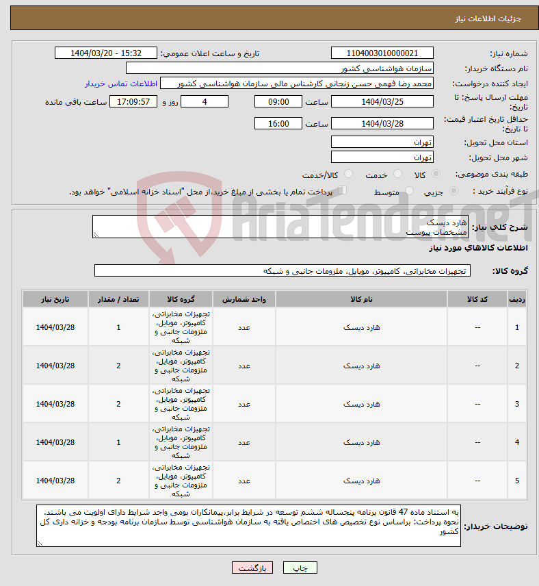 تصویر کوچک آگهی نیاز انتخاب تامین کننده-هارد دیسک مشخصات پیوست