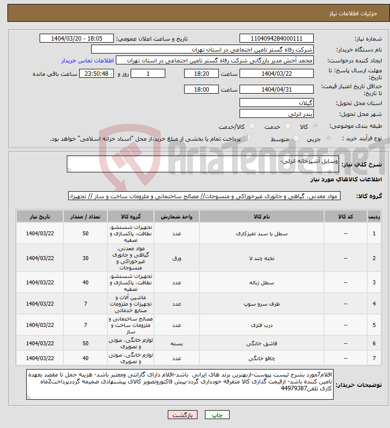 تصویر کوچک آگهی نیاز انتخاب تامین کننده-وسایل آشپزخانه انزلی-