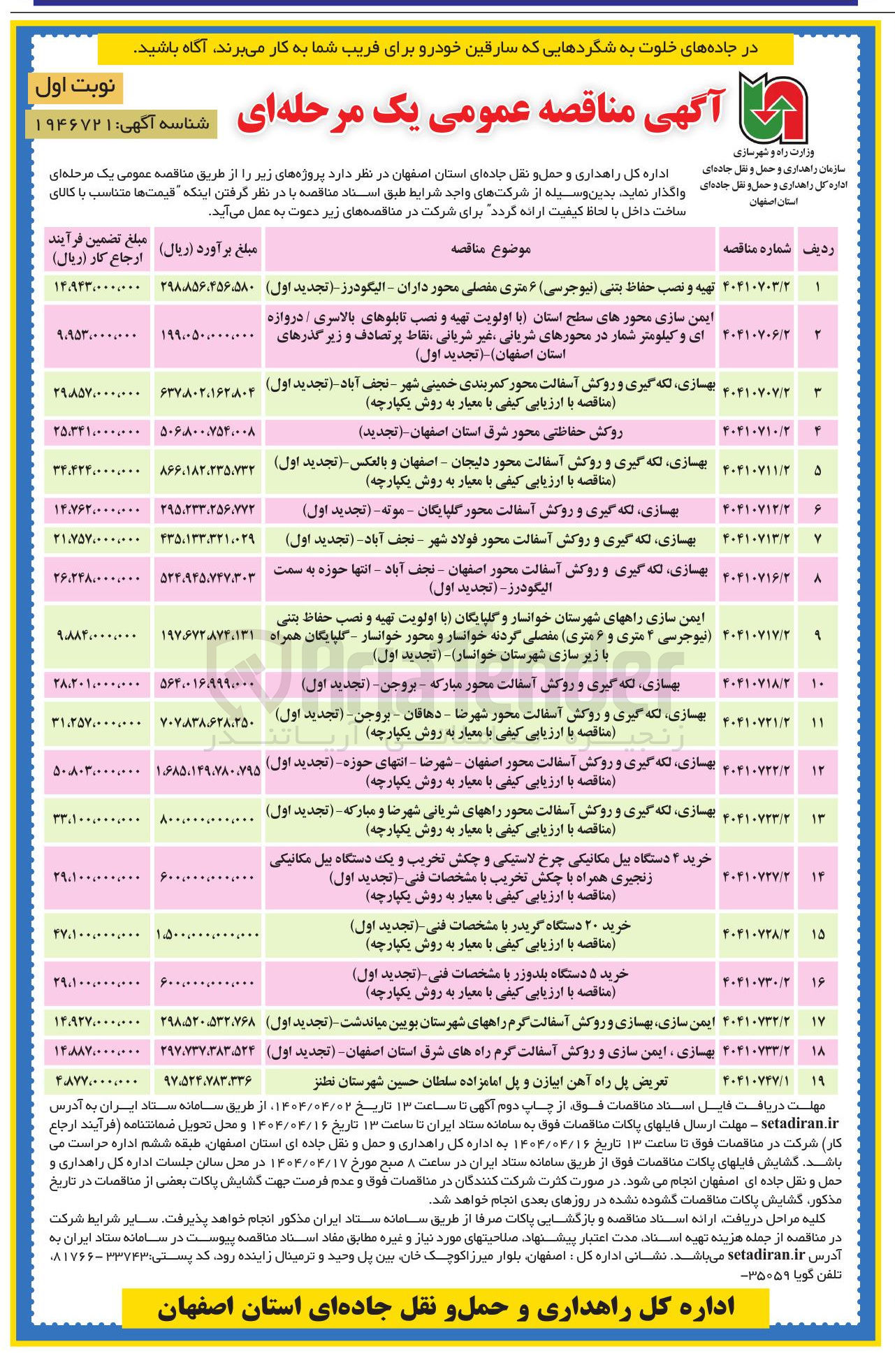 تصویر کوچک آگهی ایمن سازی راه های شهرستان با اولویت تهیه و نصب حفاظ بتنی نیوجرسی ۲ متری و ۶ متری مفصلی همراه با زیر سازی