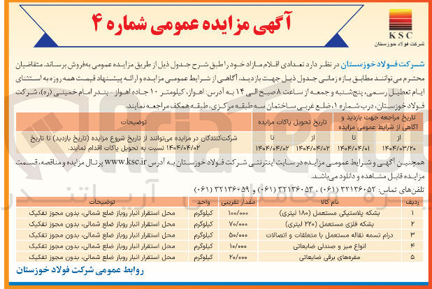 تصویر کوچک آگهی فروش اقلام شامل : بشکه پلاستیکی مستعمل ( ۱۸۰ لیتری ) - بشکه فلزی مستعمل ( ۲۲۰ لیتری ) - درام تسمه نقاله مستعمل با متعلقات و اتصالات - انواع میز و صندلی ضایعاتی - مقره های برقی ضایعاتی 