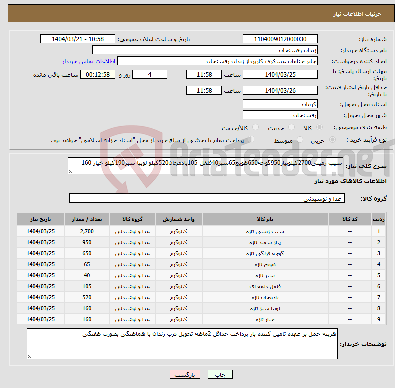 تصویر کوچک آگهی نیاز انتخاب تامین کننده-سیب زمینی2700کیلوپیاز950گوجه650هویج65سیر40فلفل 105بادمجان520کیلو لوبیا سبز190کیلو خیار 160