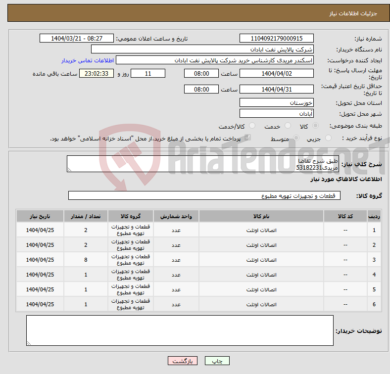تصویر کوچک آگهی نیاز انتخاب تامین کننده-طبق شرح تقاضا مریدی53182231