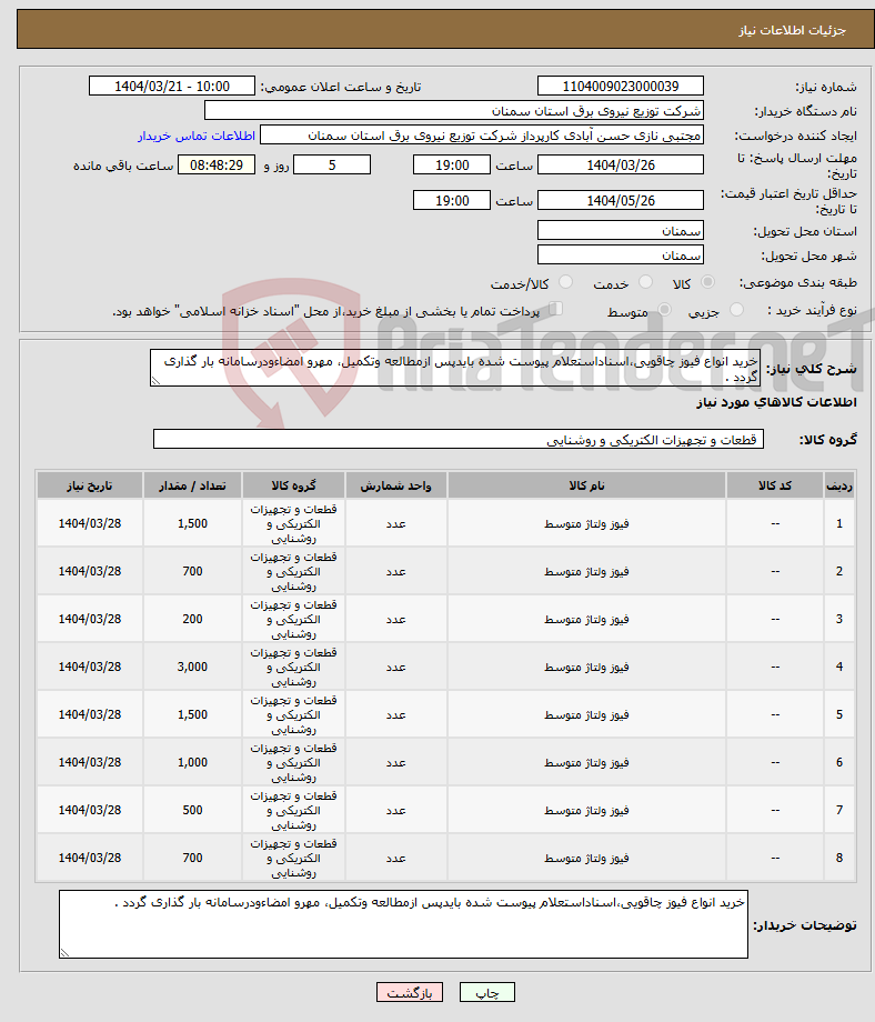 تصویر کوچک آگهی نیاز انتخاب تامین کننده-خرید انواع فیوز چاقویی،اسناداستعلام پیوست شده بایدپس ازمطالعه وتکمیل، مهرو امضاءودرسامانه بار گذاری گردد .