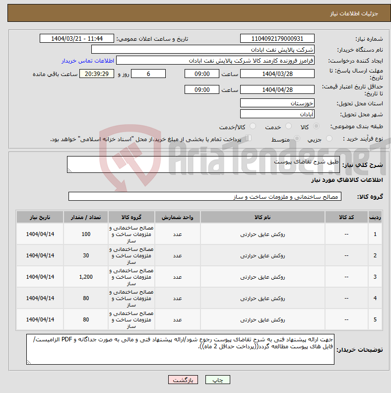 تصویر کوچک آگهی نیاز انتخاب تامین کننده-طبق شرح تقاضای پیوست