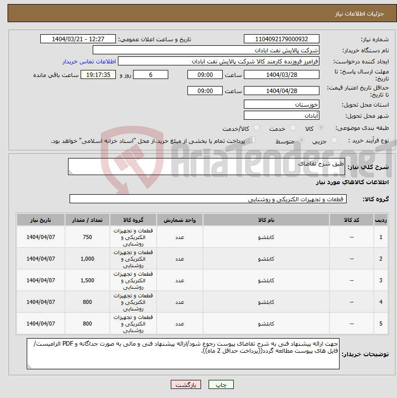 تصویر کوچک آگهی نیاز انتخاب تامین کننده-طبق شرح تقاضای 