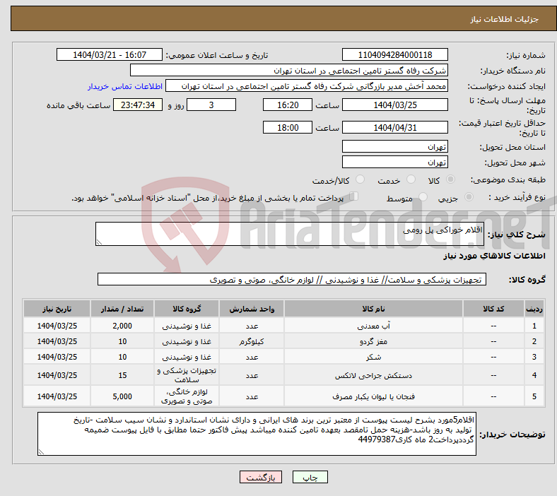 تصویر کوچک آگهی نیاز انتخاب تامین کننده-اقلام خوراکی پل رومی