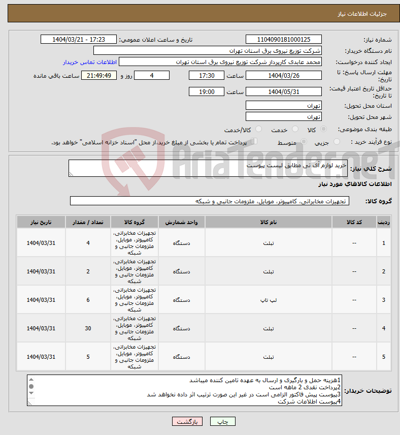 تصویر کوچک آگهی نیاز انتخاب تامین کننده-خرید لوازم آی تی مطابق لیست پیوست