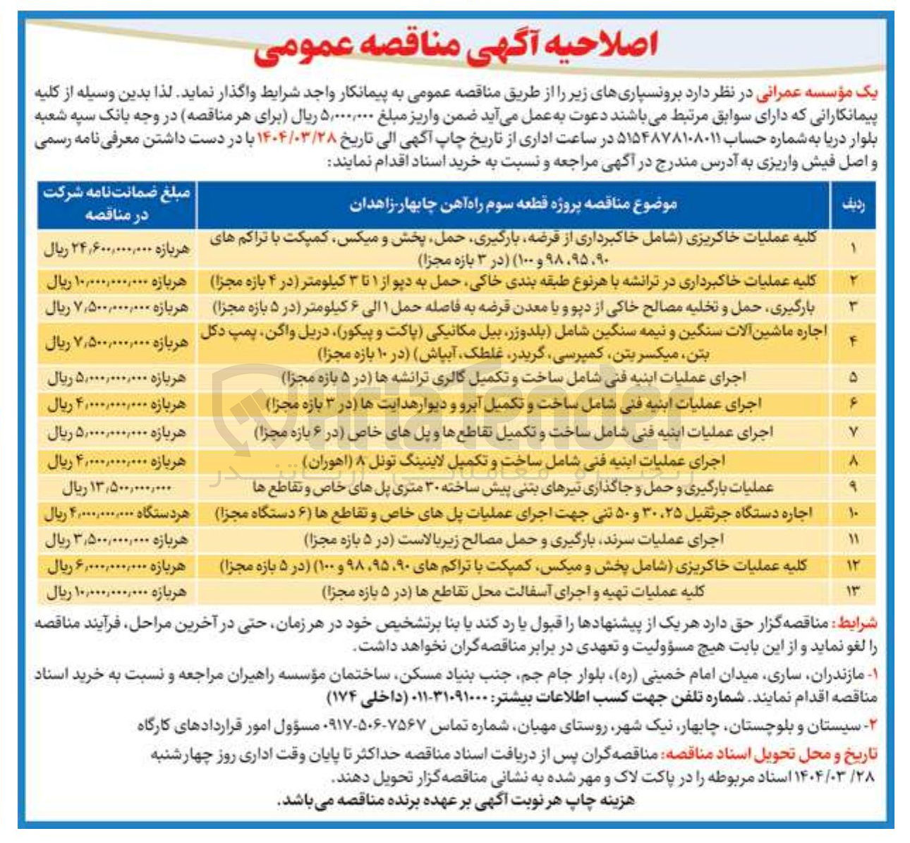 تصویر کوچک آگهی اجرای عملیات سرند بارگیری و حمل مصالح زیر بالاست در ۵ بازه مجزا 
